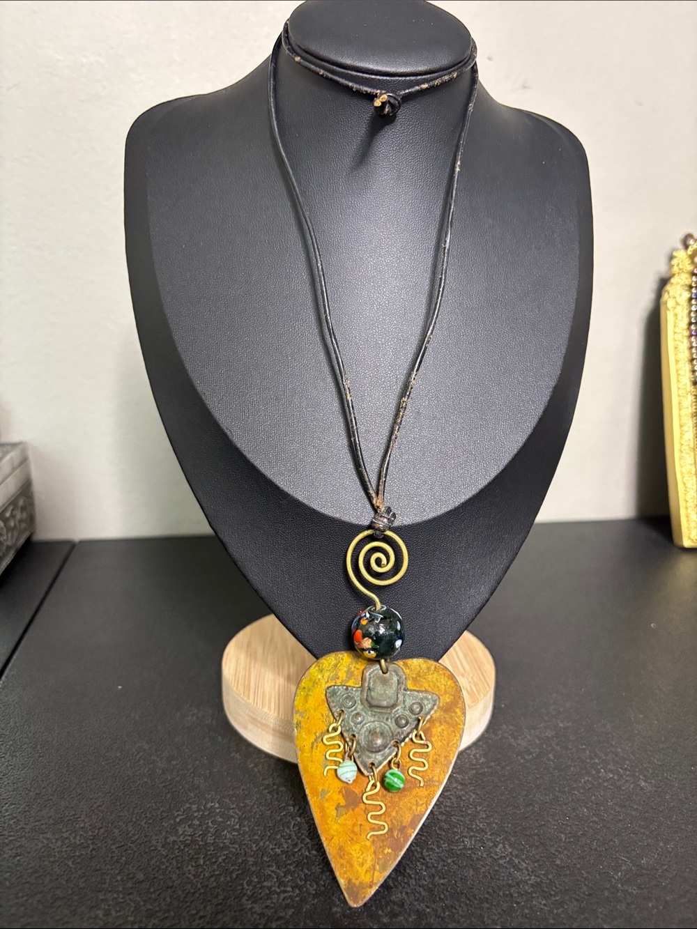 Handcrafted Brutalist Yellow Heart Pendant Necklace with Spiral Accent